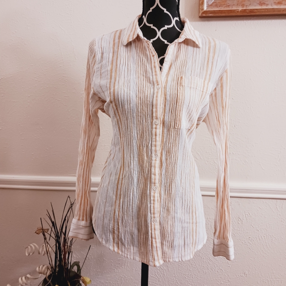 Sundance Womens Long Sleeve Gauzy Textured Striped Top Size M Yacht Boat Breezy